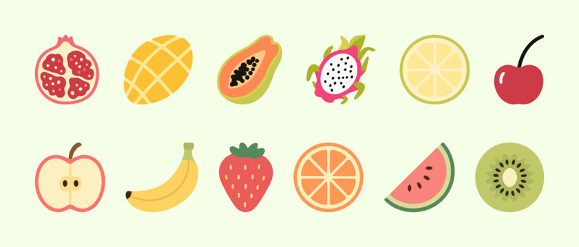 Set of fresh and colorful fruit vector illustrations. Healthy and exotic fruits including pomegranate, mango, papaya, dragon fruit, lime, cherry, apple, banana, strawberry, orange, watermelon, and kiw