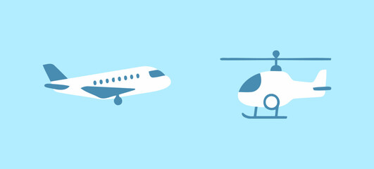 A modern flat illustration of an airplane and a helicopter. Air transport and aviation vector graphics in a simple, clean, and minimalist style.
