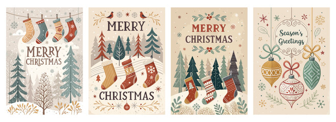 Festive holiday cards with cheerful designs, showcasing Christmas stockings and ornaments in warm tones.