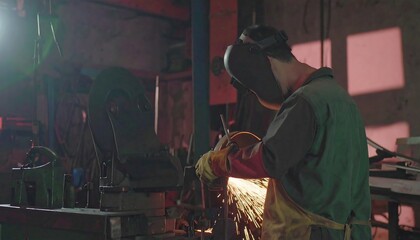 Metalworker grinding metal in a workshop