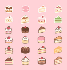 A collection of various delicious cakes and desserts. Cute and colorful vector illustrations of different cake slices, macaron, and cupcakes on a pink background.