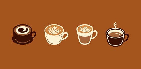 Set of various coffee drinks. Different kinds of delicious hot coffee in a simple, flat, and graphic illustration style on a brown background.