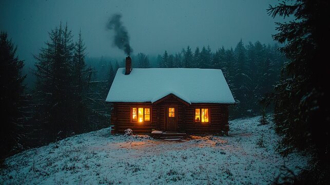 A cozy log cabin, nestled in a snowy forest at twilight.  Warm light spills from windows, smoke ascends from the chimney