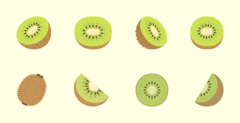 A collection of kiwi fruit illustrations. Fresh, green, and healthy kiwis in different slices and angles in a simple, flat, and graphic style.