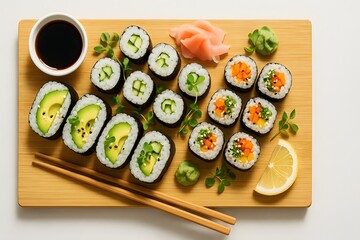 Fresh Vegetarian Sushi Rolls with Avocado, Cucumber, and Carrot on Bamboo Board