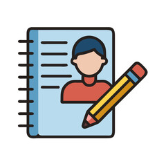 Cartoon illustration of a notebook with a profile and a pencil