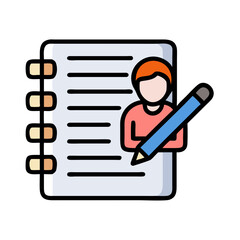 Person writing or drawing on a notebook with a pen, colorful illustration