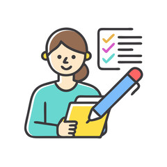 Woman completing checklist with large pencil and yellow folder, icon style illustration