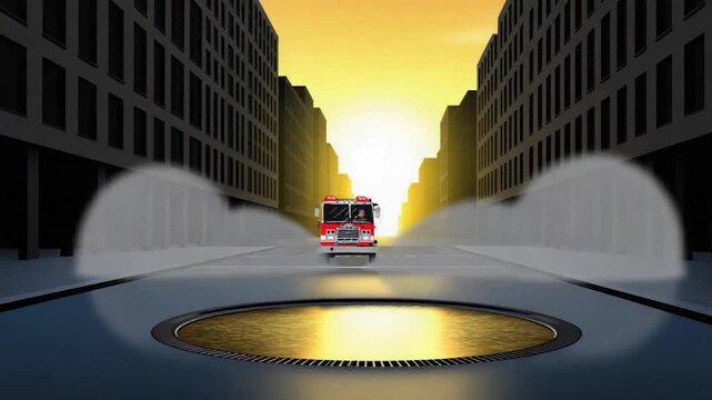Red Firetruck Responding to Emergency on City Street with Smoke Effects