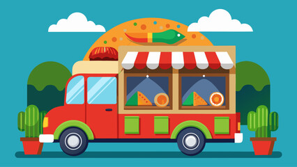 A food truck with a green and yellow exterior. The truck is parked on a red background. The truck is filled with food and drinks, including a sandwich and a cup