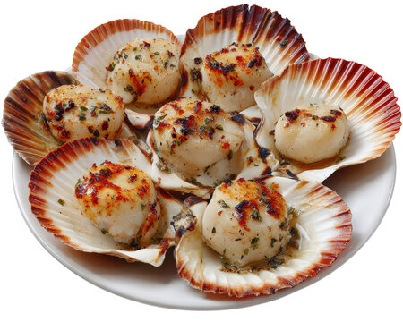 Grilled scallops seafood cuisine shell plate herb garlic appetizer gourmet delicious cooked arranged on white plate with seasoning savory and inviting presentation