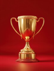 Fototapeta premium gold trophy cup on podium with a red background concept for winner prize champion competition success award