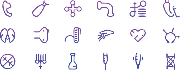 Purple medical icons grid. Sketchy healthcare vector illustrations. Minimalist anatomy symbol set.