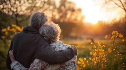 side view of senior couple hugging outside in spring nature at sunset no logos no brands ar 169