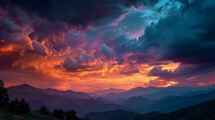 Dramatic sunset over a mountain range with colorful clouds.