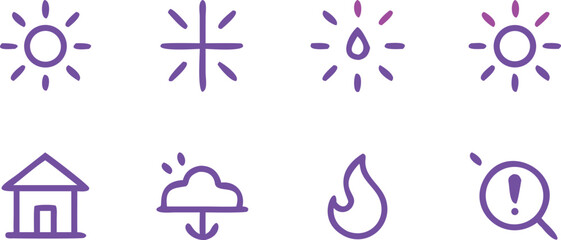 Weather and home purple icons. Minimalist line art vector collection. Clean graphic symbol set.