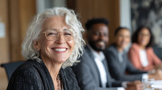 senior older female executive ceo and happy multicultural business people discuss corporate project at boardroom table smiling diverse corporate team working together in modern meeting room office no