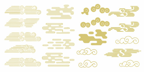 Collection of stylized golden clouds and abstract shapes on a white background