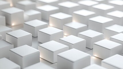 Minimalist white 3D geometric shapes floating on matte background with dynamic lighting and modular grid zone, for premium product display, digital advertising, and brand visual design