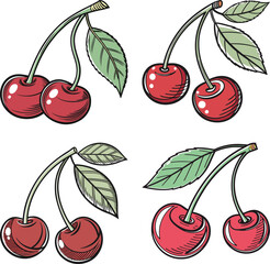 Watercolor cherry illustrations. Loose ink and wash fruit sketches. Fresh and natural red cherries with leaves.