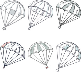 Vintage parachute line-art illustrations. Detailed hand-drawn black and white sketches. Clean and graphic aviation vector art.
