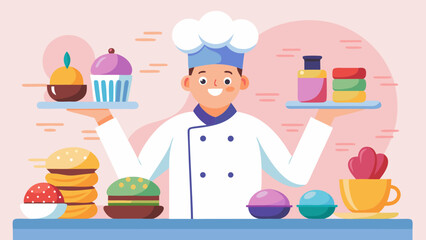 A chef is holding a plate of food and smiling. The plate has a cake and a sandwich. There are also other food items on the table, such as a bowl of fruit and a cup