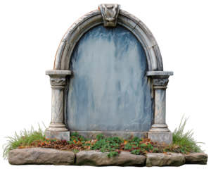 Arched stone grave marker, minimalist memorial element, weathered gray marble texture, surrounded by green grass and rocks, evokes somber and peaceful atmosphere