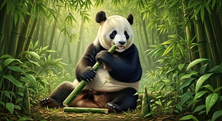 Obraz premium Giant panda sitting on the forest floor, surrounded by dense green bamboo