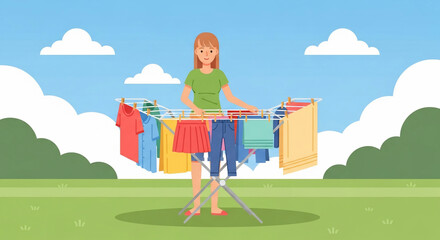 Naklejka premium Young Woman Hanging Clothes on Outdoor Clothesline in Sunny Day