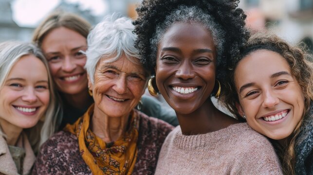 group of multigenerational people having fun together  multiracial friends of different ages smiling outdoor  main focus on african curvy girl face no logos no brands ar 169