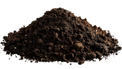 A mound of dark brown soil against a black background with scattered pixelated edges and soft shadows