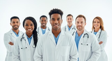 Fototapeta premium Group of Diverse Medical Professionals Standing Confidently in White Coats in Bright Clinic Setting