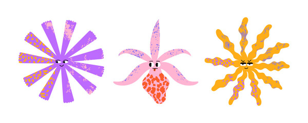 Abstract figures of flowers with different emotions. Quirky shape set with textures. Vector illustration for stickers, poster, cover.