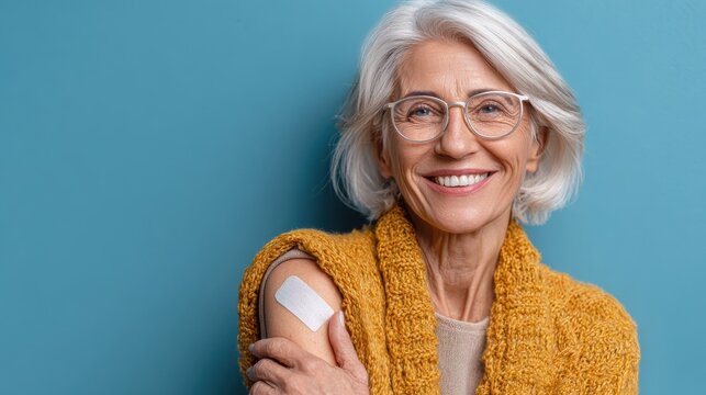 smiling healthy mature older senior happy woman showing bandage on arm after getting vaccination vaccine and old elder people inoculation elderly immunity for covid prevention concept portrait no log - Powered by Adobe