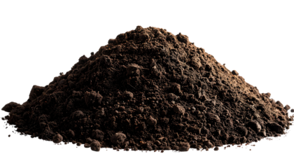 A mound of dark brown soil against a black background with scattered pixelated edges and soft shadows