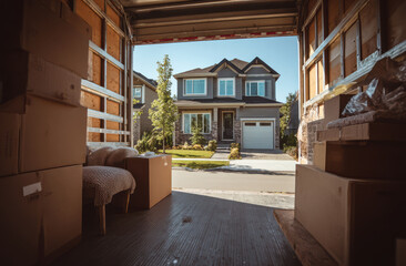 Cardboard boxes and furniture in moving truck outside new home