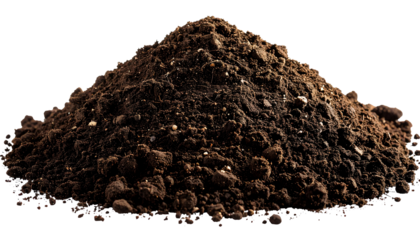 A mound of dark brown soil against a black background with scattered pixelated edges and soft shadows