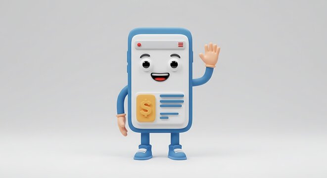 Cartoon smartphone character waves hello
