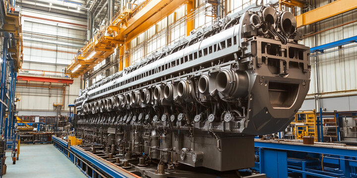 Large ship engine assembly in a manufacturing facility Generative AI