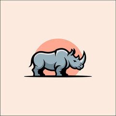 Cartoon rhino stands in profile against a peach circle and light pink background.
