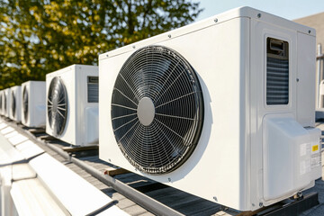 Fototapeta premium Row of air conditioning units on a sunny rooftop setting Generative AI