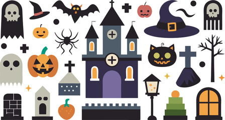Halloween Vector Illustration Featuring Spooky Elements Like Ghosts Pumpkins and Haunted Houses