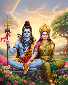 3d wallpaper of Lord Shiv Parvati with clouds trees and sun rays, God Mahadev 3D illustration blue orange background clouds with rays 
