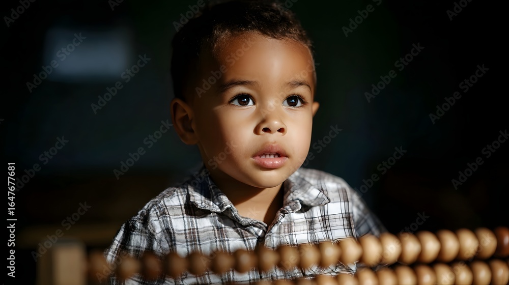 Poster young boy intently learning math with abacus in a classroom setting