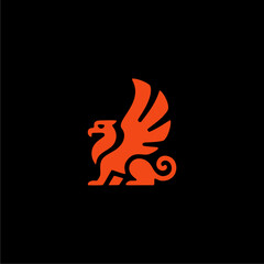 A bold, modern graphic icon of a majestic orange griffin, a legendary creature, presented in a minimalist style against a stark black background.