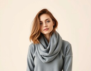 Obraz premium Portrait of a woman with auburn hair wearing a gray cowl neck sweater against a plain background