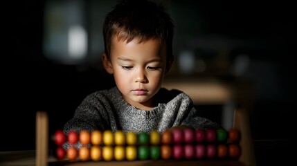 Boy deeply focused on learning math with an abacus