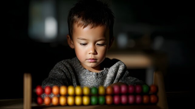 Boy deeply focused on learning math with an abacus