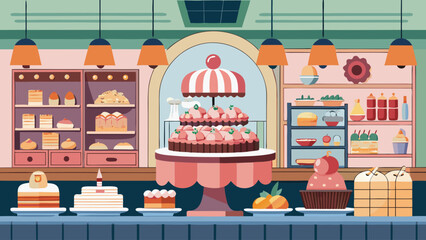 A bakery with a pink and white umbrella on top of a table with cakes and pastries. The bakery has a pink and white theme