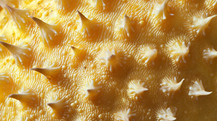 Closeup of spiky yellow fruit textured skin